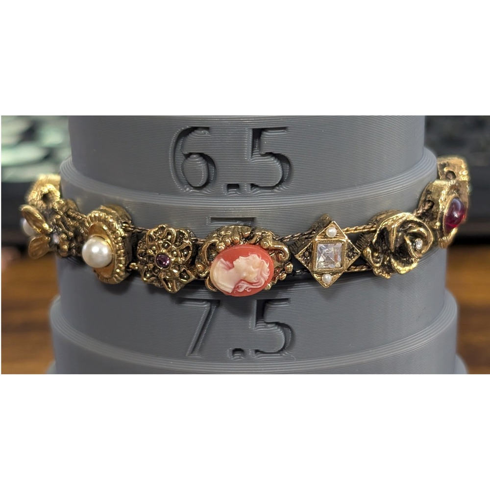 Vintage Slide Bracelet Flower Cameo Bee Victorian Style Gold-tone Colorful